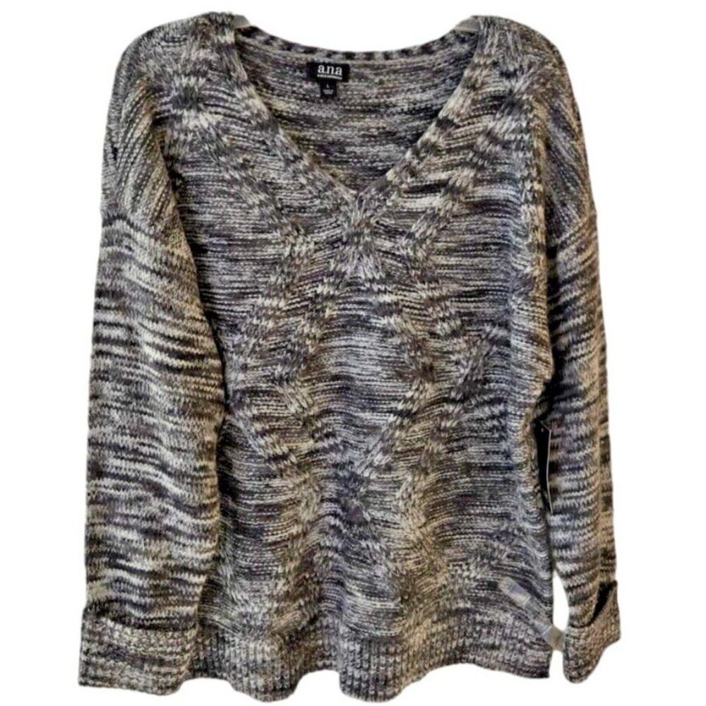 Ana Cable Knit V-Neck Sweater Women's XL Black & Gray Marled Spacedye New